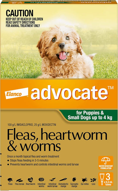 Advocate Dog, Monthly Spot-On Protection from Fleas, Heartworm & Worms, Three Pack Flea Treatment for Puppies & Small Dogs up to 4 kg, 3 Pack