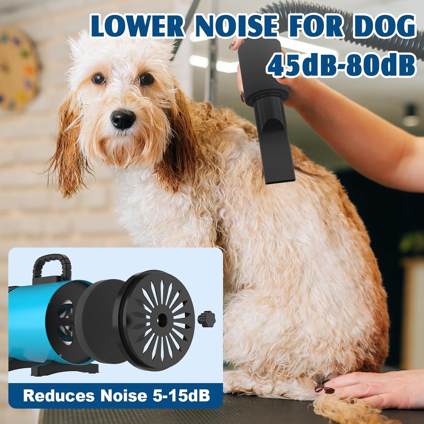 ADVWIN Dog Dryer, Pet Grooming Blow Dryer with LCD Display & Temperature Adjustable, 50-120m/s Adjustable Speed, 4 Different Nozzles, Blue