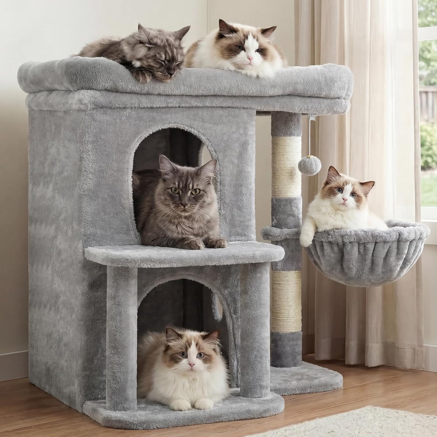 Heybly Cat Tree, 65cm Cat Tower with Spacious Top Perch for Large Cats,Light Grey
