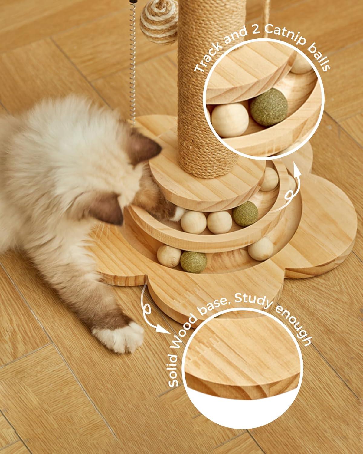 Cat Scratching Post for Kittens, 4 in 1 Wooden Cat Scratcher Toy, 17.7" Tall Scratch Post with 2 Level Cat Track Balls, Interactive Feather Toy and 2 Sisal Hanging Balls for Indoor Kittens