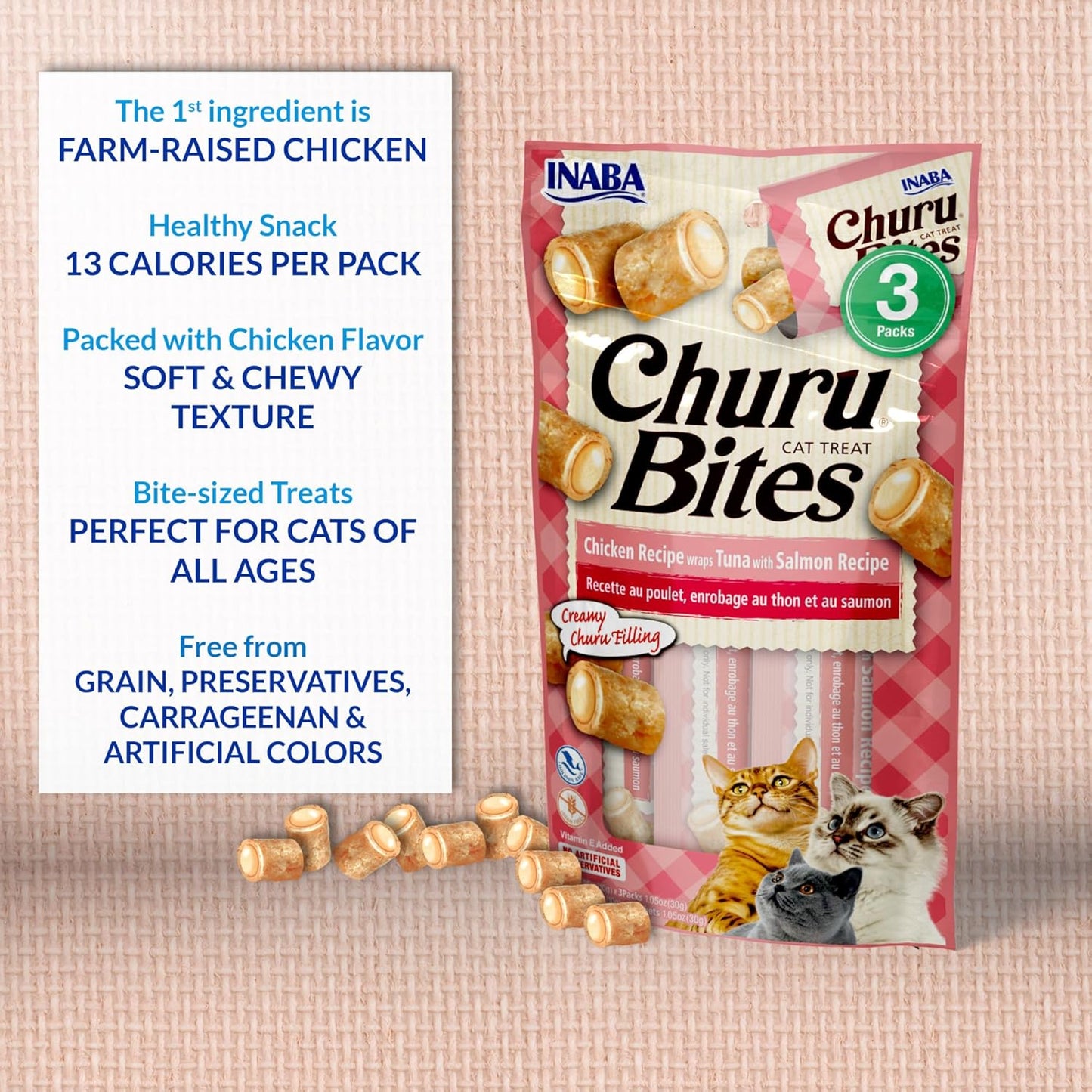 INABA Churu Bites for Cats, Soft Baked Chicken Churu Filled Cat Treats with Green Tea Extract, 9.92g Each Tube, 18 Tubes