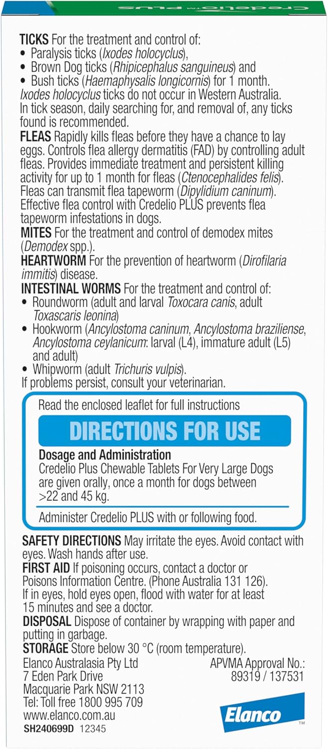 Credelio Plus Ticks, Fleas, Heartworm & Worms for Dogs 22-45kg - 3 Pack