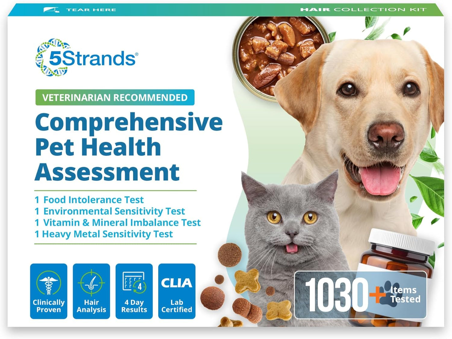 5Strands Pet Food Intolerance, Environmental & Heavy Metal Sensitivity, and Nutritional Imbalance Test, 1036 Items Tested, Cat & Dog Gut Health Test for All Breeds & Ages, Results in 4 Days