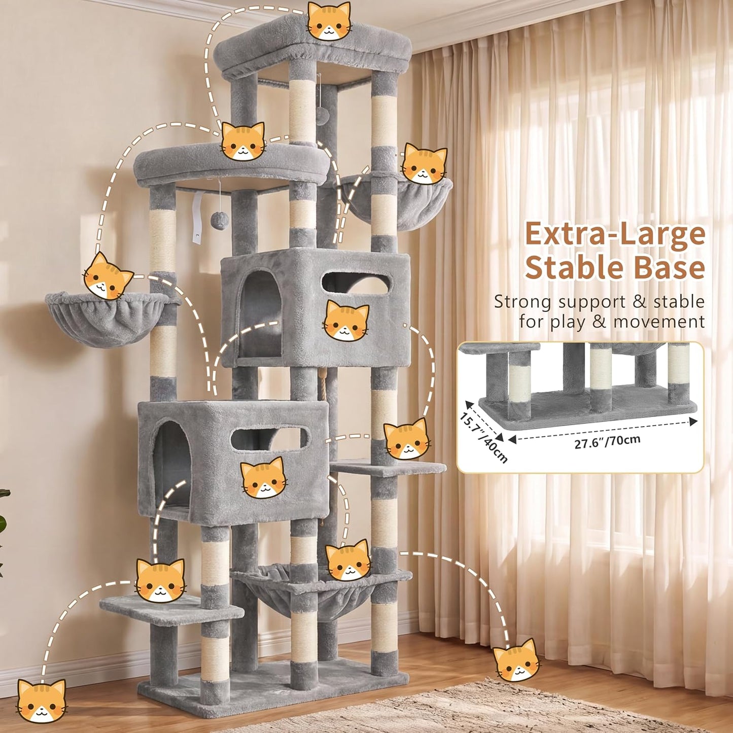 Heybly Cat Tree, 74.8-Inch Spacious & Tall Cat Tower for Large Cats, Cat Furniture with Large Top Perch, Solid Base, 2 Cat Condos, Hanging Hammock, Durable Sisal Scratching Posts, Light Gray