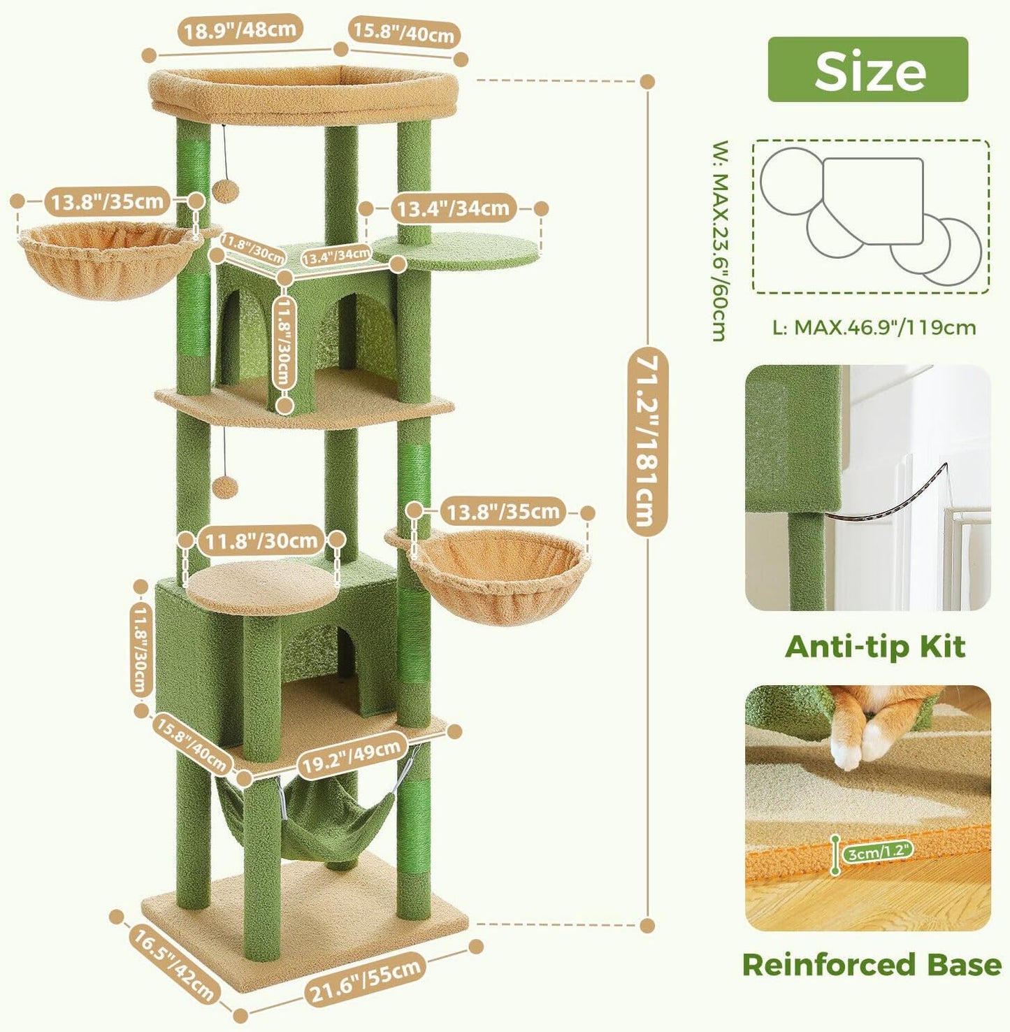 PAWZ Road Cat Tree, 181cm Cat Tower for Indoor Large Cats, Cat Furniture with 2 Spacious Cat Condo, Large Top Perch,2 Hammock(Dia=35cm), 2 Round Perches,Sisal Covered Scratching Post.Grey