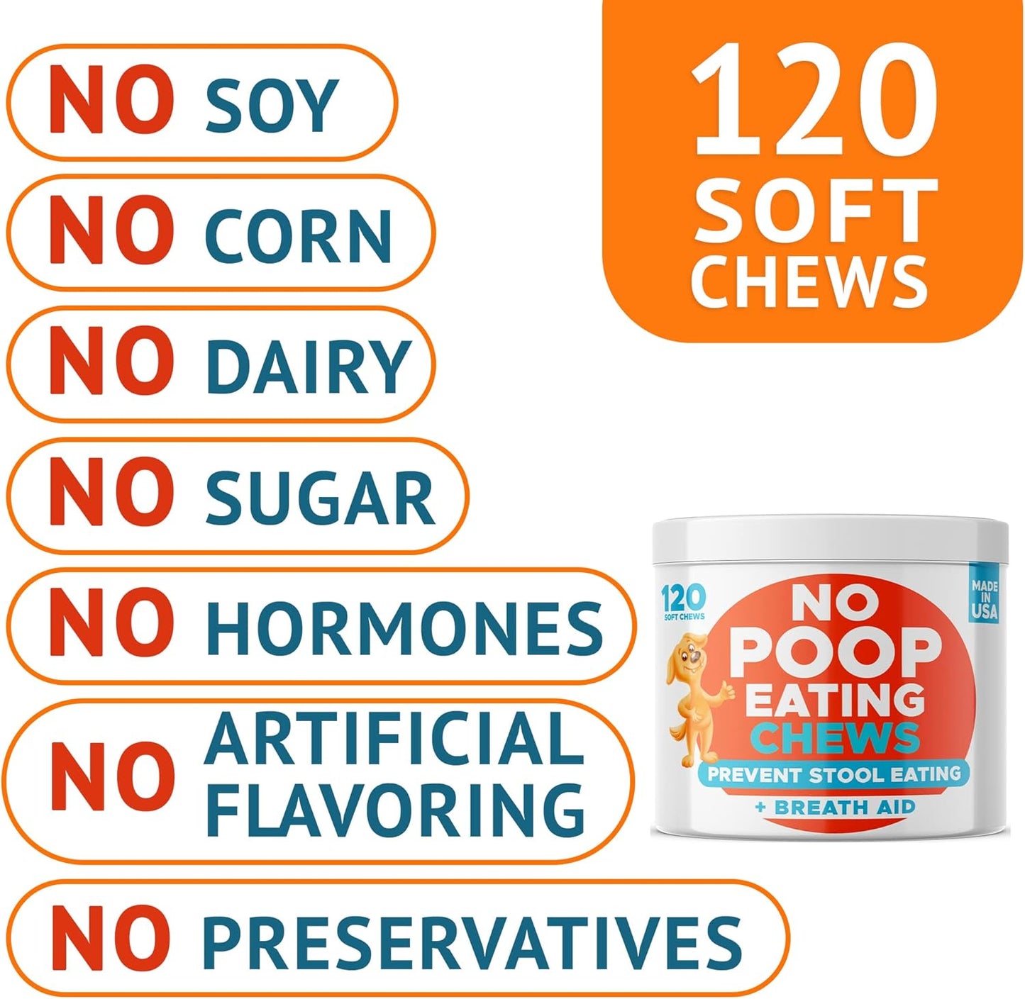 Chew No Poo - Coprophagia Treatment for Dogs - Prevent Dog Poop Eating - Natural Stool Eating Deterrent + Breath Aid - Probiotics & Digestive Enzymes - Boosts Gut Health - Made in USA - 120 Soft Chews