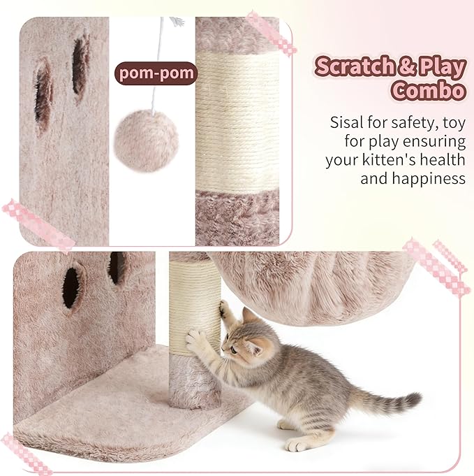 Heybly Cat Tree, 65cm Cat Tower with Spacious Top Perch for Large Cats, Stair-Style Cat House Furniture with Dual-Layer Condos, Sisal Scratching Posts, Cozy Basket & Pompom, Muchroom HCT204SMU