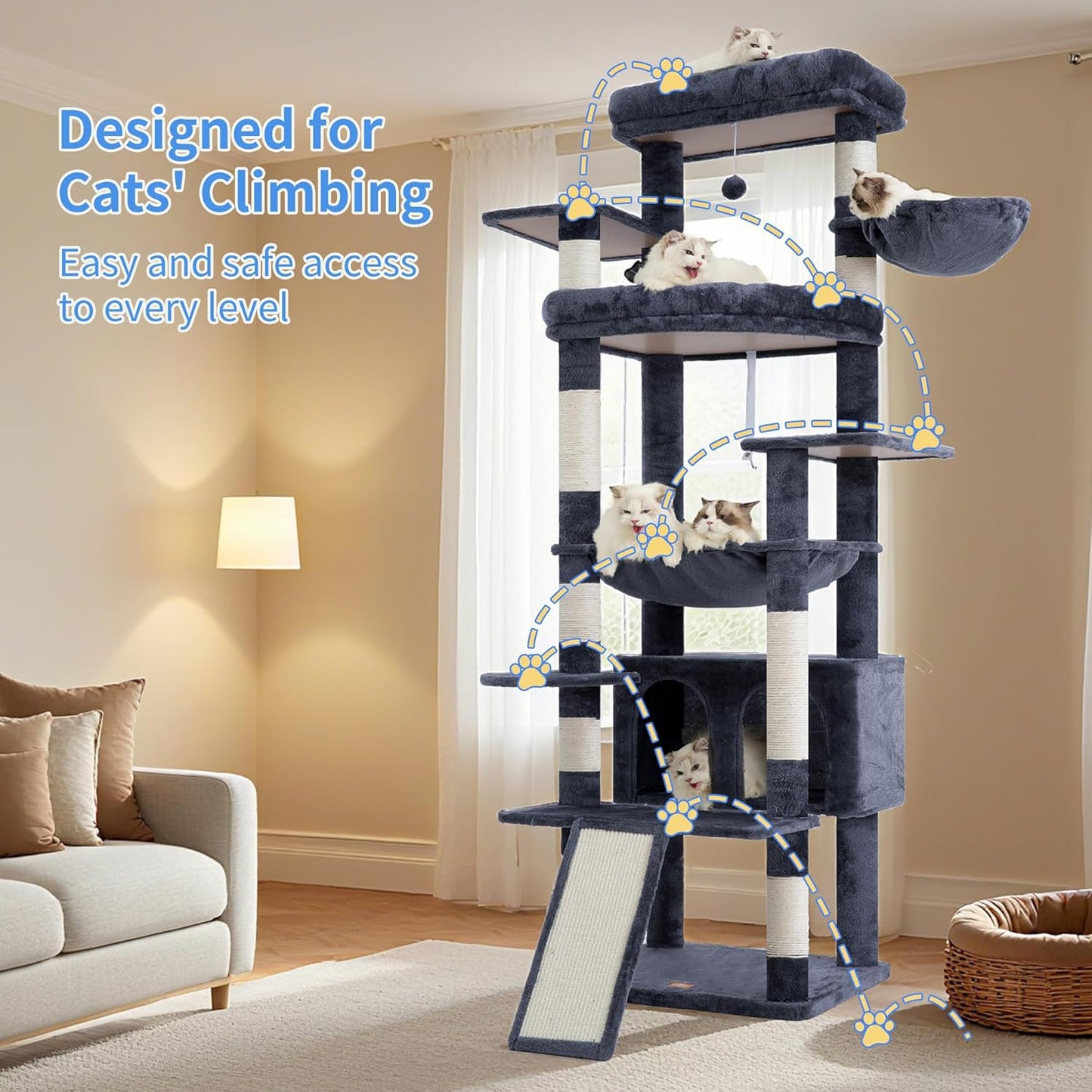 Heybly Tall Cat Tree for Large Cat, 80-inch Multi-Level Cat Tower HCT038G |