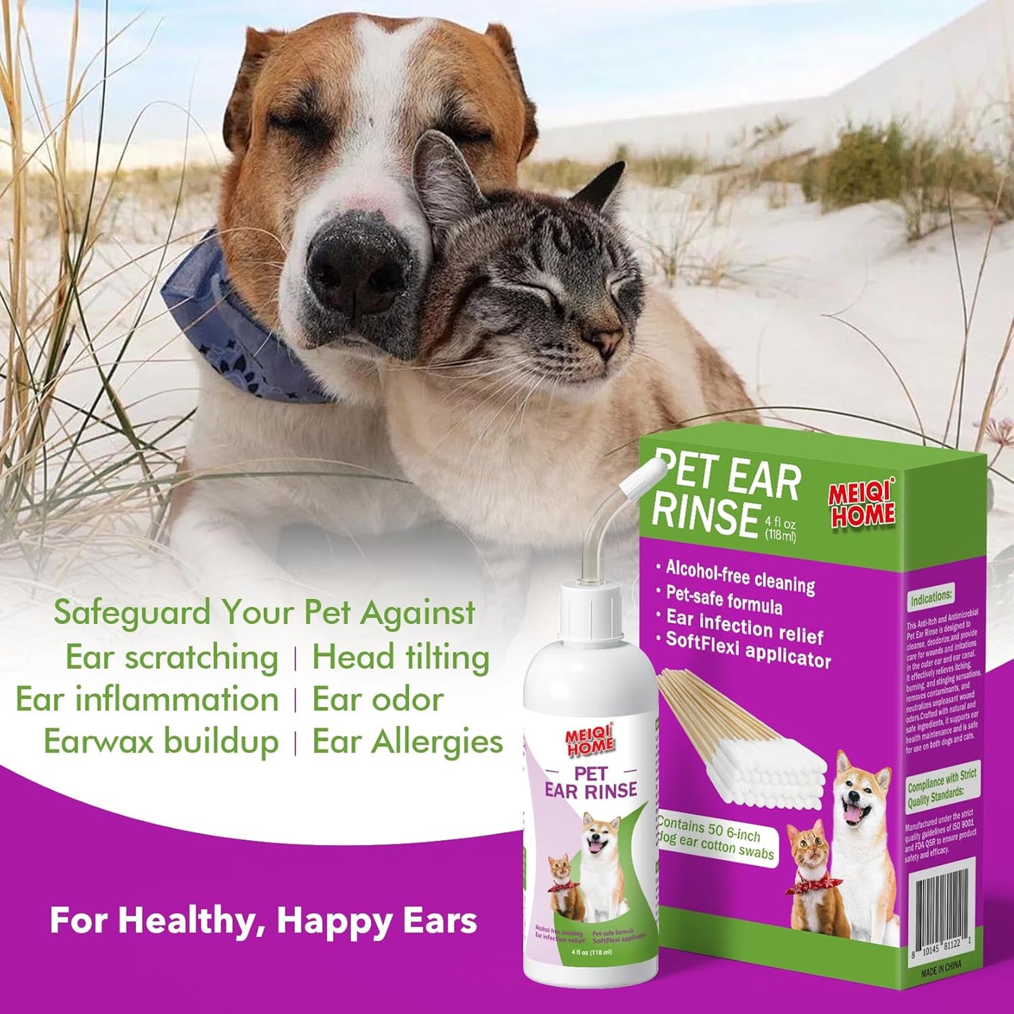 MEIQIHOME Ear Cleaner for Dogs and Cats Soothes. Includes 50 Cotton Swabs, 4 Fl oz