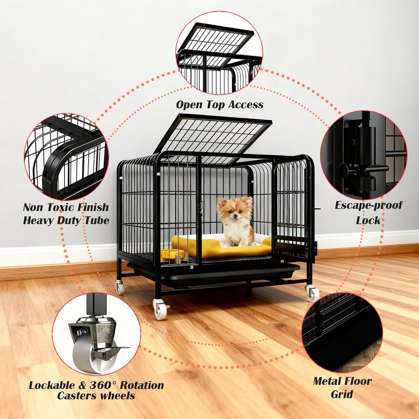 Dog Crate with Removable Tray, Large Dog Cage with Wheels, Double Door Kennel Black 77 * 51 * 71cm