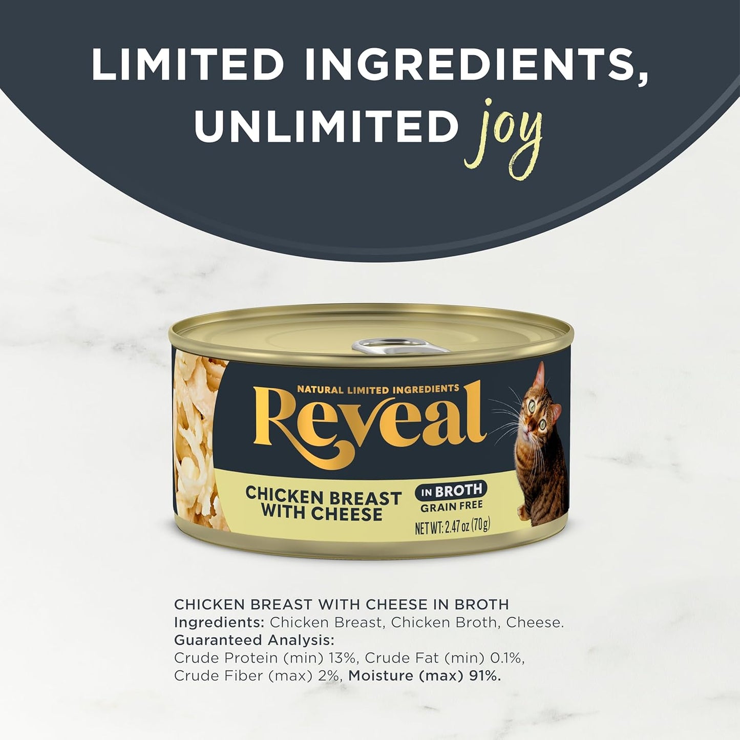 Reveal Natural Wet Cat Food, 24 Count, Grain Free, Limited Ingredient Canned Food for Cats, Chicken with Cheese in Broth, 70g Tins