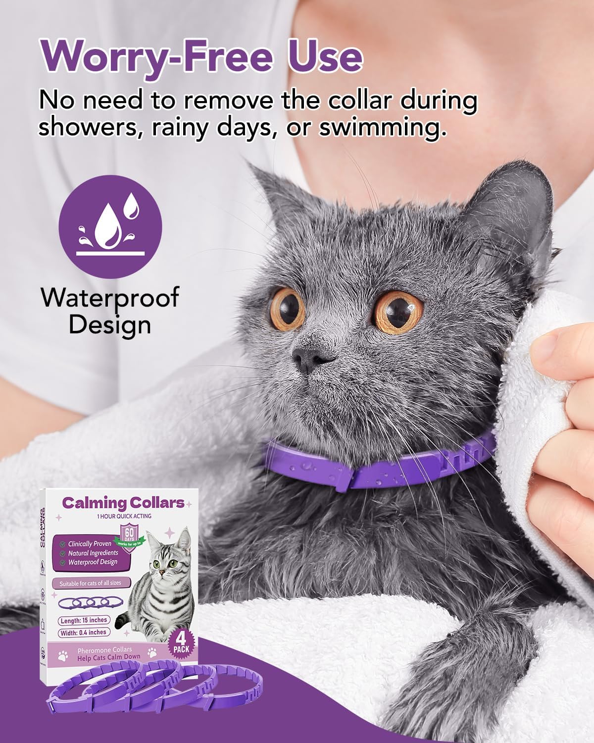 Calming Collar for Cats -4 Pack Soother Cats Calming Collars Anxiety Relief Stress Drug-Free & Lavender-Free -Adjustable for Small, Medium Large Cat -Natural Ingredients Pheromones Rapid Effect Purple