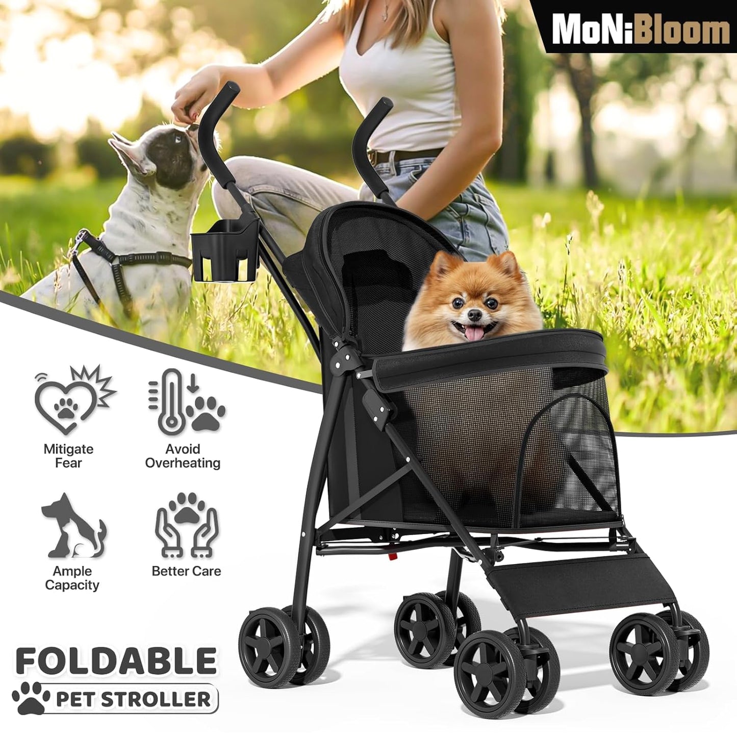 4-Wheel Pet Stroller for Small & Medium Dogs and Cats – Foldable Travel Pet Jogger with Breathable Mesh, Storage Basket & Cup Holder, Supports Pets up to 22 lbs