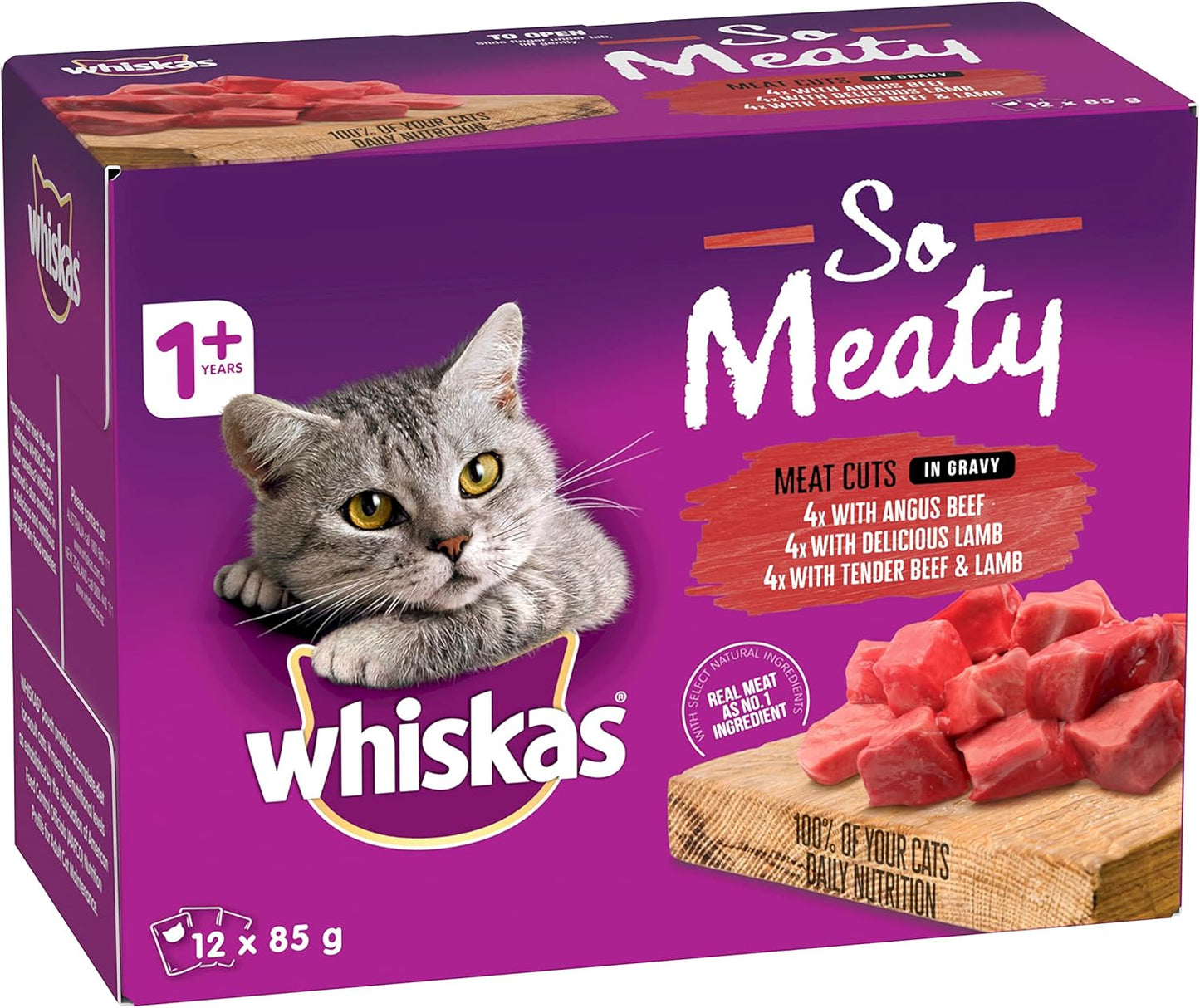 WHISKAS So Meaty Recipes 1+ Years Wet Cat Food with Meat Cuts in Gravy 12 x 85g, 5 Pack (60 Pouches)