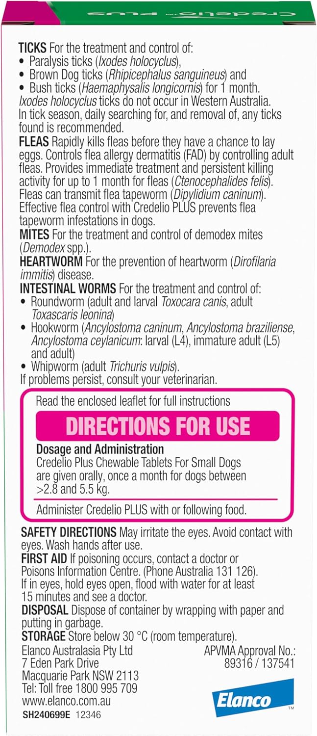 Credelio Plus Dog Flea and Tick Treatment, Six Pack, Ticks, Fleas, Mites, Heartworm & Worms Parasite Protection, in The Smallest Monthly Chewable Tablet for Dogs > 2.8-5.5 kg, 6 Pack