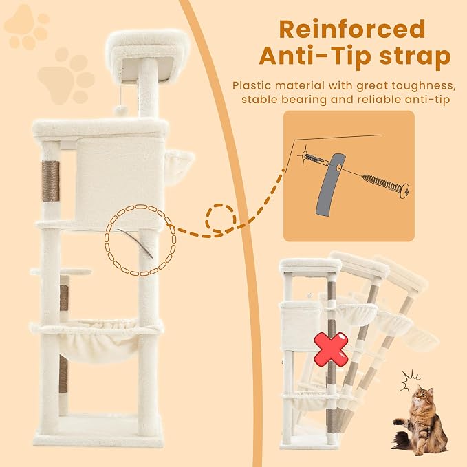 Heybly Cat Tree, 56" Multi-Level Easy Climb Tower for Large Cats HCT028MJ | Cat Furniture with 2 Perches, Cozy Hammock, Spacious Condo & Cat Basket, Durable Sisal Scratching Posts, Beige