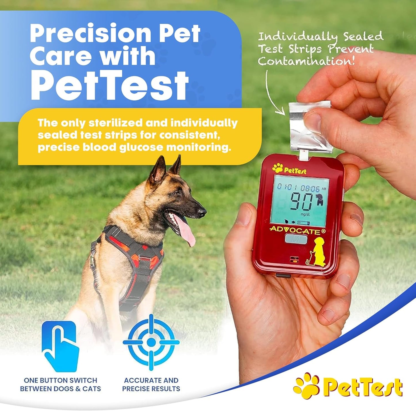 PetTest Blood Glucose Test Strips, Easy Open for Use with a Glucometer Monitor for Dogs & Cats, sterilized and Individually Sealed, 50 Pieces