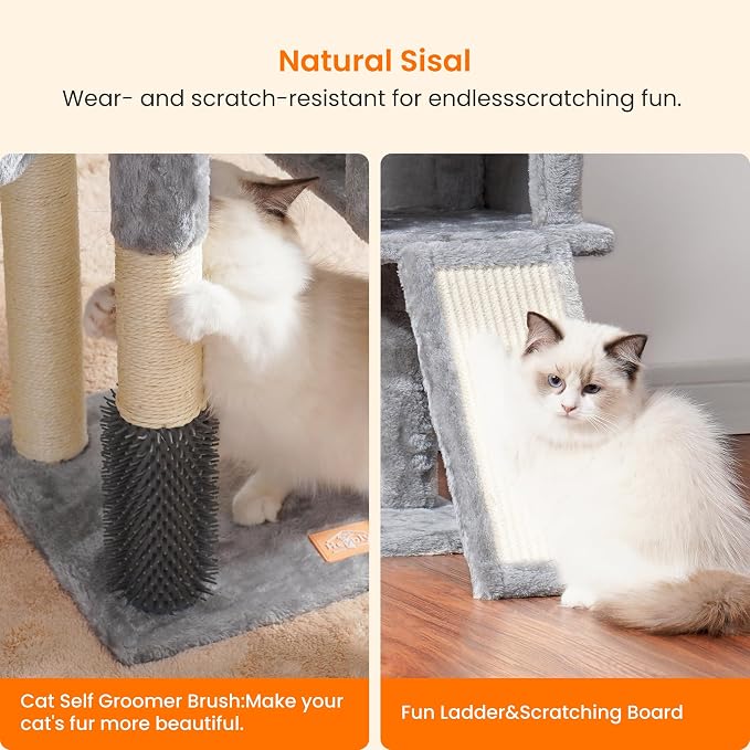Heybly Cat Tree with Cat Self Groomer Brush, Cat Tower Condo for Indoor Cats ,Light Grey