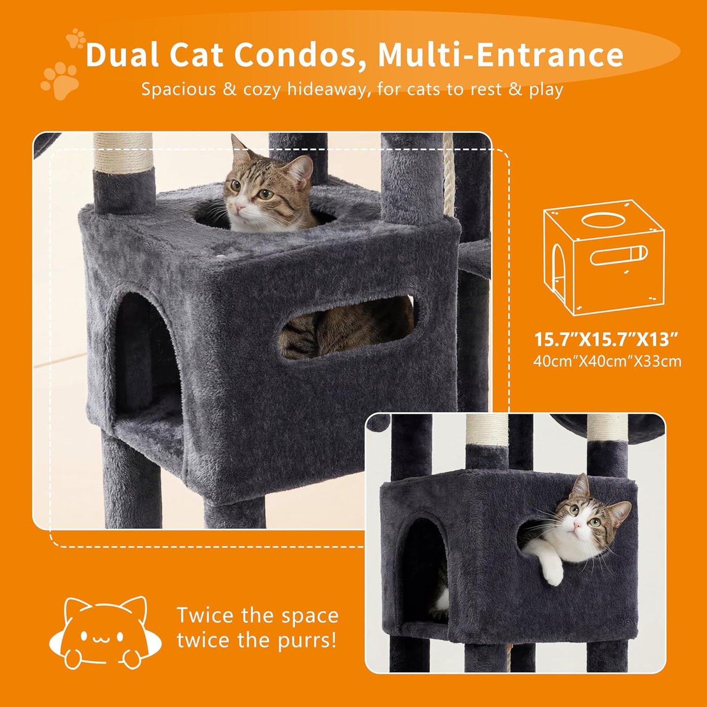Heybly Cat Tree, 190cm Spacious & Tall Cat Tower for Large Cats, Cat Furniture with Large Top Perch, Solid Base, 2 Cat Condos