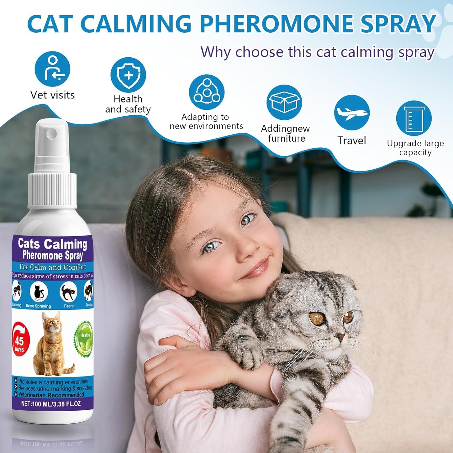 【𝐇𝐢𝐠𝐡𝐥𝐲 𝐄𝐟𝐟𝐞𝐜𝐭𝐢𝐯𝐞】Cat Calming Pheromone Spray for Stress & Anxiety ReliefDrug-Free & Vet Recommended – with F3 Facial Pheromone 6.76oz