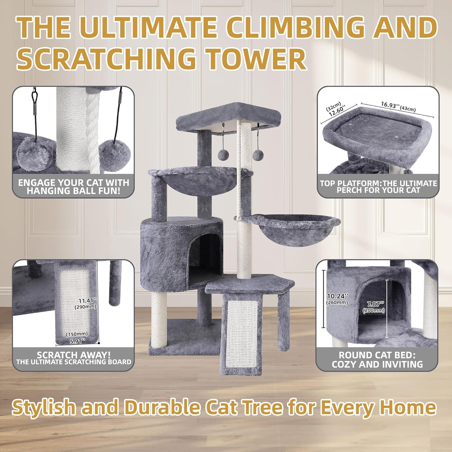 TWDEPART Cat Tree Tower with Scratching Posts,Activity Centre Climbing Tree Furniture with Cat Condo and Two Hammocks,Grey