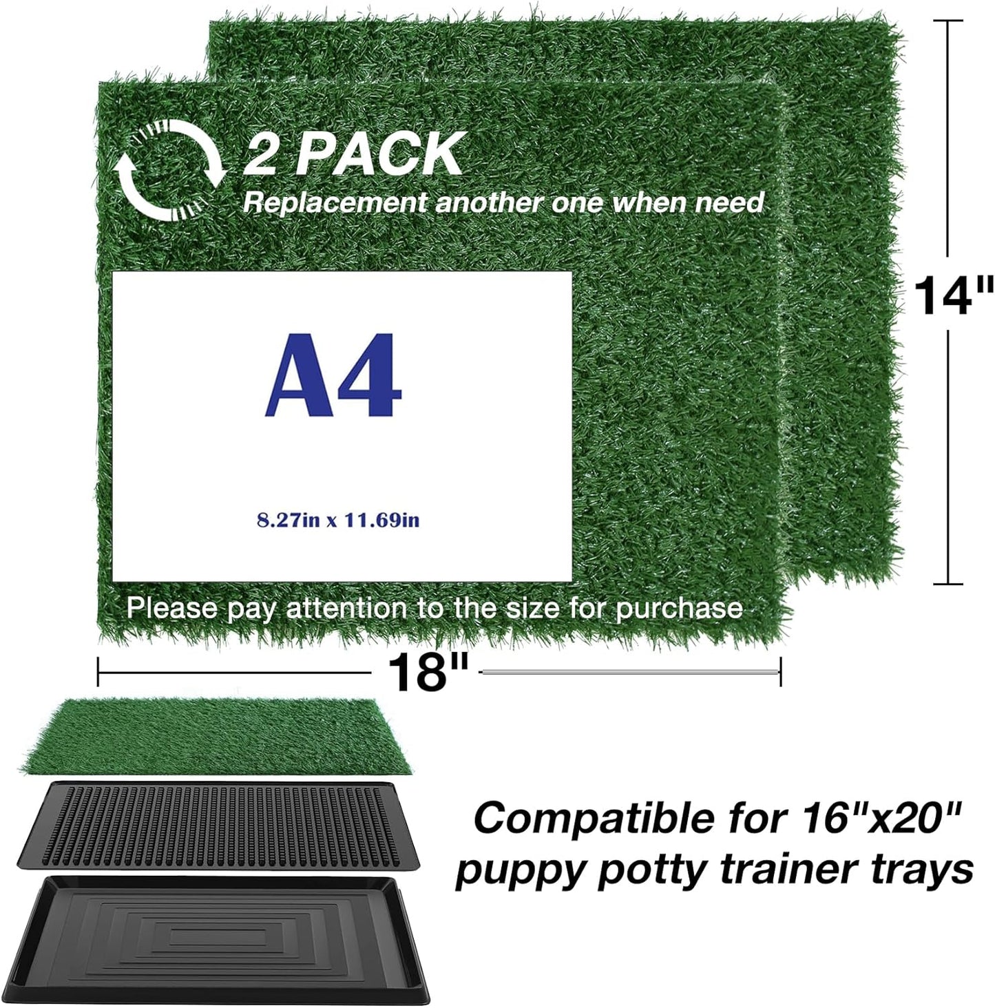 GLOBREEN Puppy Artificial Grass Pee Pad for Dogs Potty Trianing, 2 Pack Replacement Pet Fake Grass Mat, Reusable & High Drainage - 18 x 14 Inches