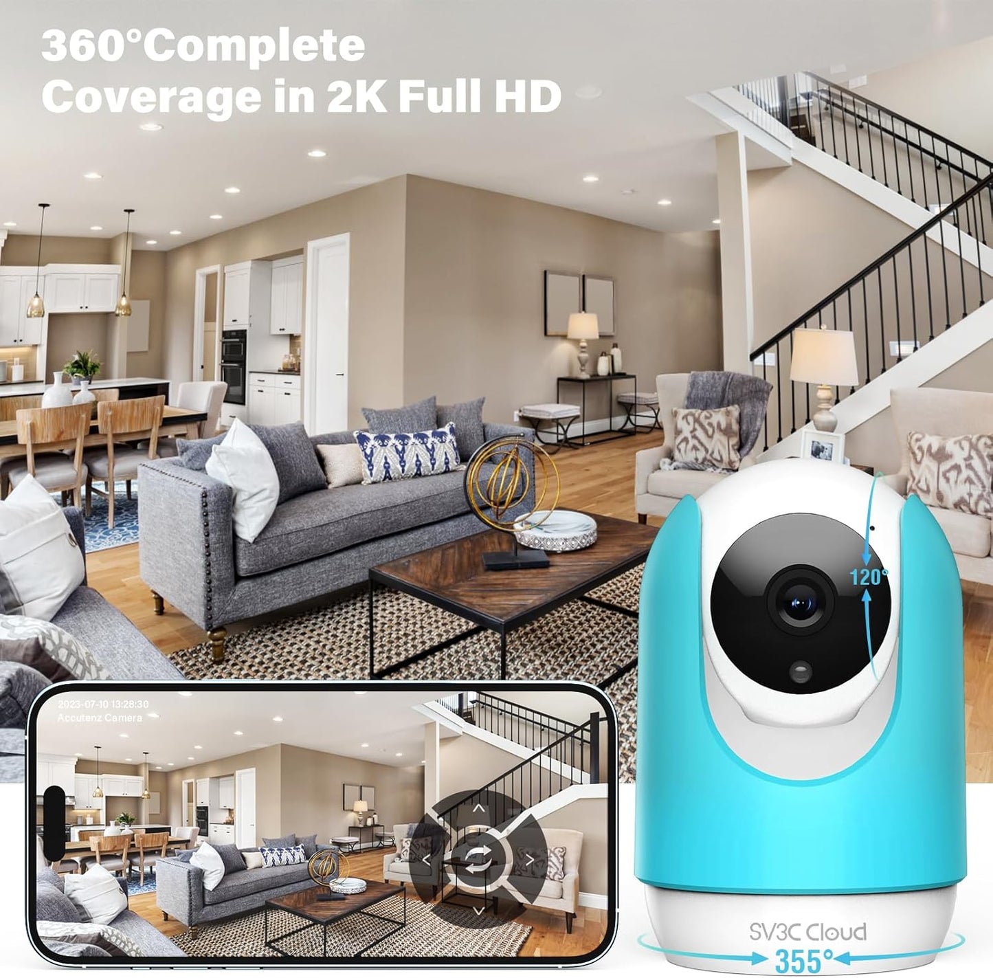 SV3C Indoor Security Camera 2K Pan/Tilt Wireless WiFi Pet Camera Temp & Humidity Cry Noise and Motion Detection, Two Way Audio 2.4G&5G Baby with Alexa