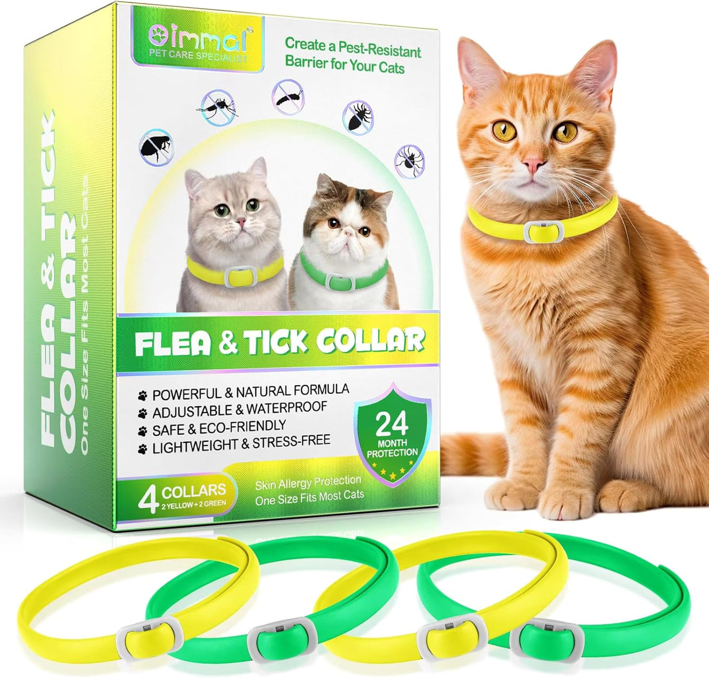 Cat Flea and Tick Collar | 24-Month Flea & Tick Prevention | Adjustable, Water-Resistant & Safe | Natural Ingredients | for Cats of | 4-Pack (Yellow and Green, Normal)