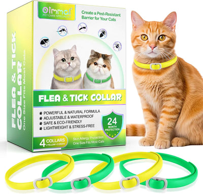 Cat Flea and Tick Collar | 24-Month Flea & Tick Prevention | Adjustable, Water-Resistant & Safe | Natural Ingredients | for Cats of | 4-Pack (Yellow and Green, Normal)