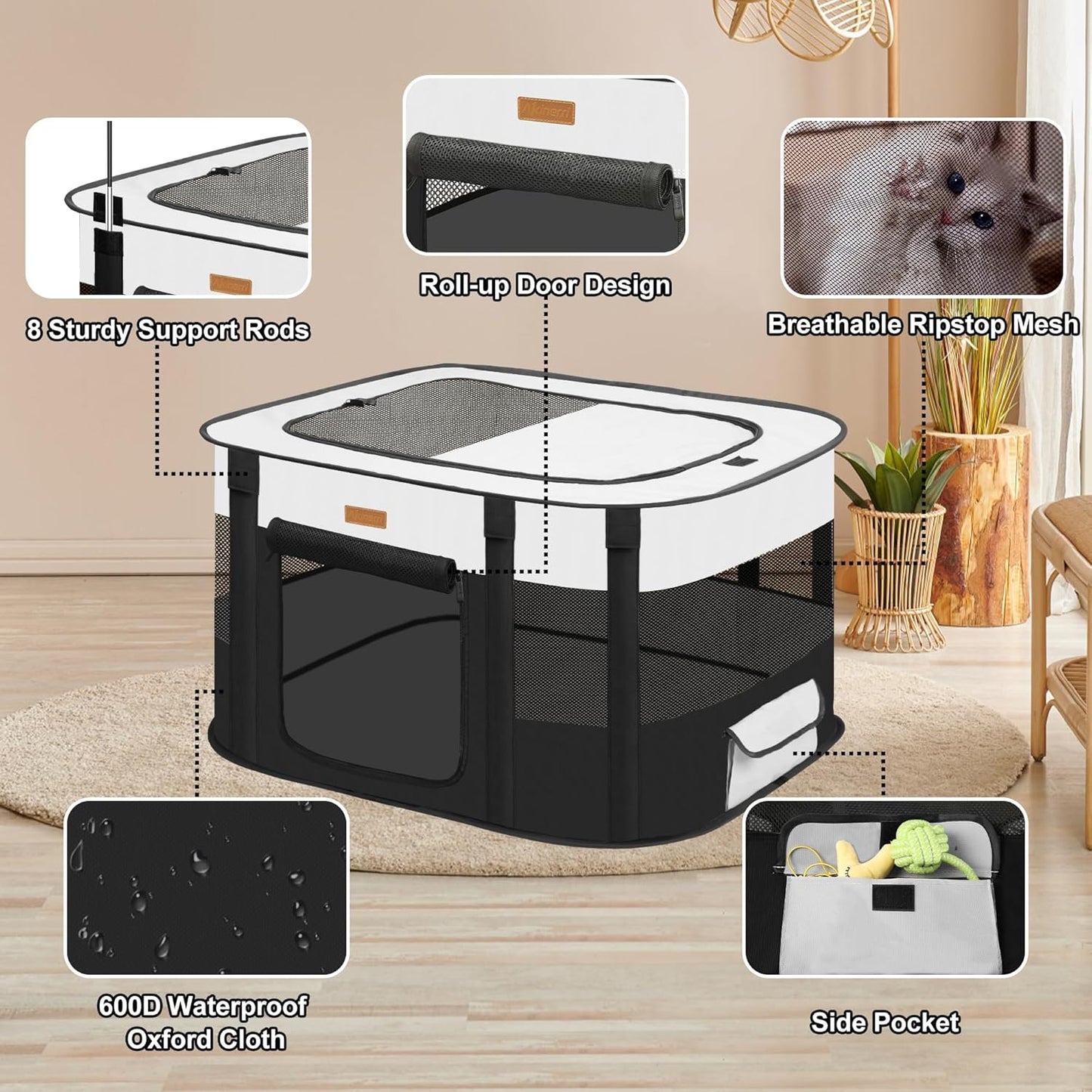 Dog Playpen - Foldable Cat Play Pens for Pubby,Kitten, Rabbit,Portable Pet Tent(Black-Small)