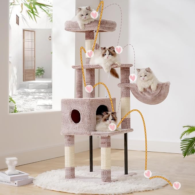 Heybly HCT200SMU Cat Scratching Post, 125 cm, Small Cat Tree, Spacious and Comfortable Scratching Post with Cave