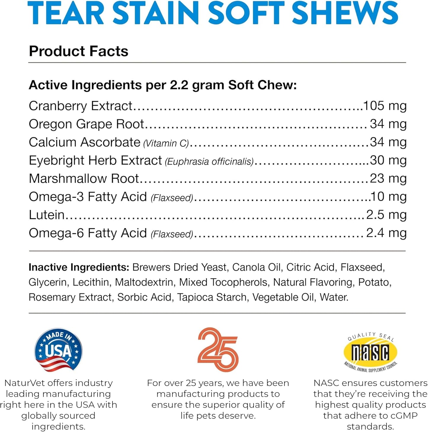 NaturVet Tear Stain Supplement Plus Lutein for Dogs and Cats, 70 ct Soft Chews, Made in USA