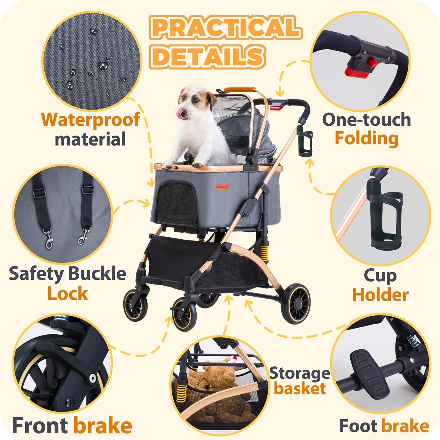 Pet Stroller for Small Dogs Cats, 6 Shock Absorption System | One Touch FoldinDog Stroller with Detachable Carrier for Car Seat & Hand Carry, Gray