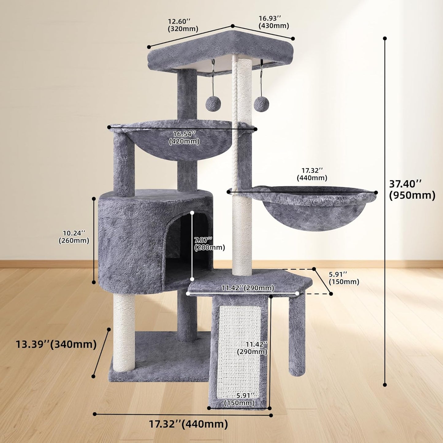 TWDEPART Cat Tree Tower with Scratching Posts,Activity Centre Climbing Tree Furniture with Cat Condo and Two Hammocks,Grey