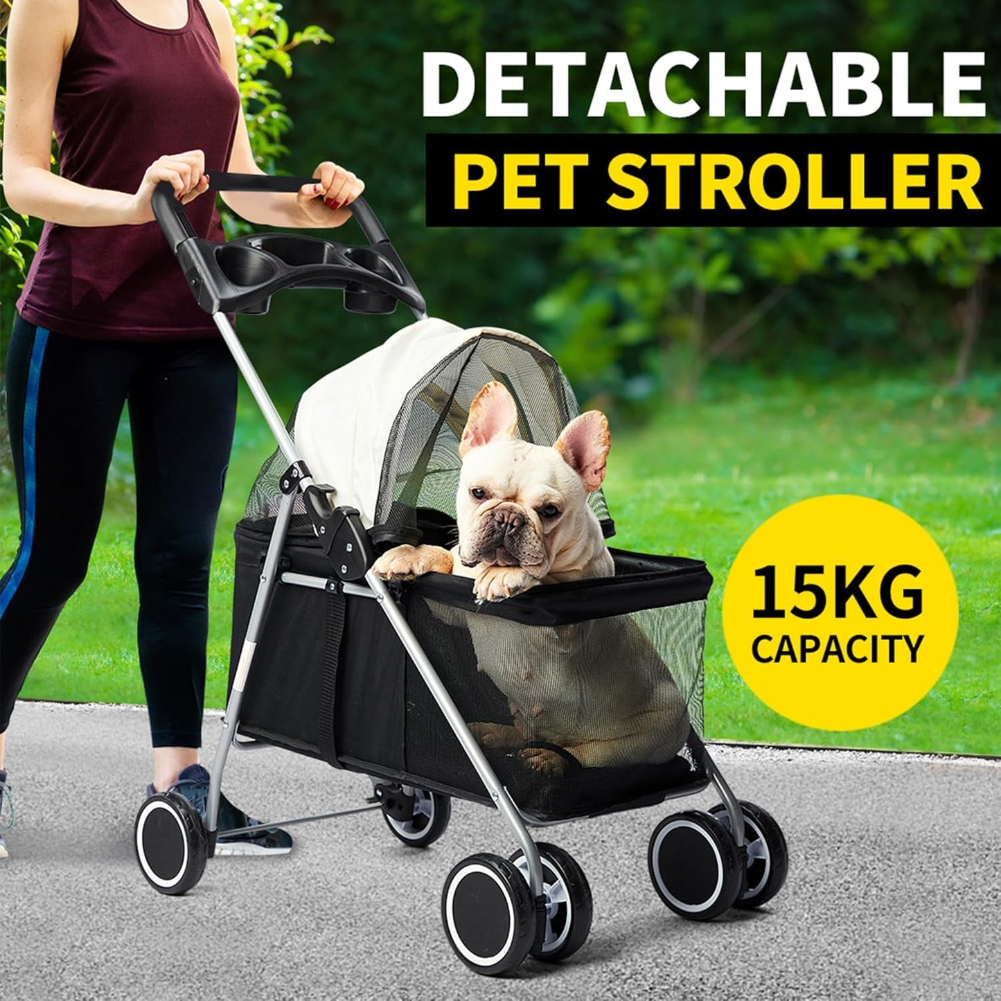 PaWz 4 Wheels Foldable Pet Stroller Dog Cat Travel Carrier Large Black
