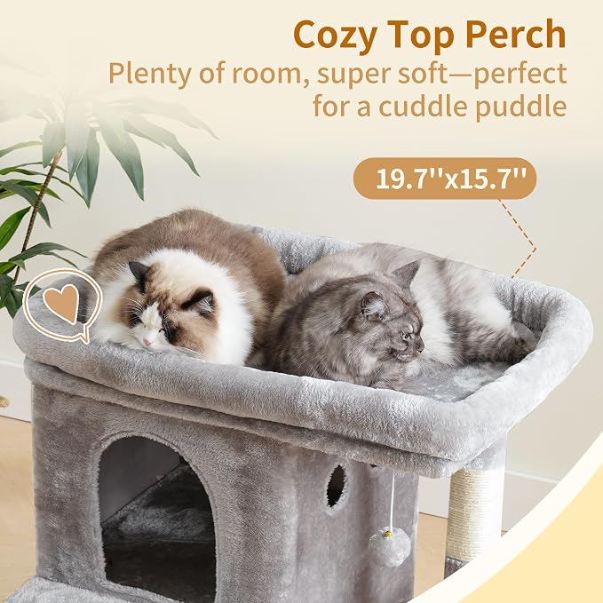 Heybly Cat Tree, 65cm Cat Tower with Spacious Top Perch for Large Cats,Light Grey