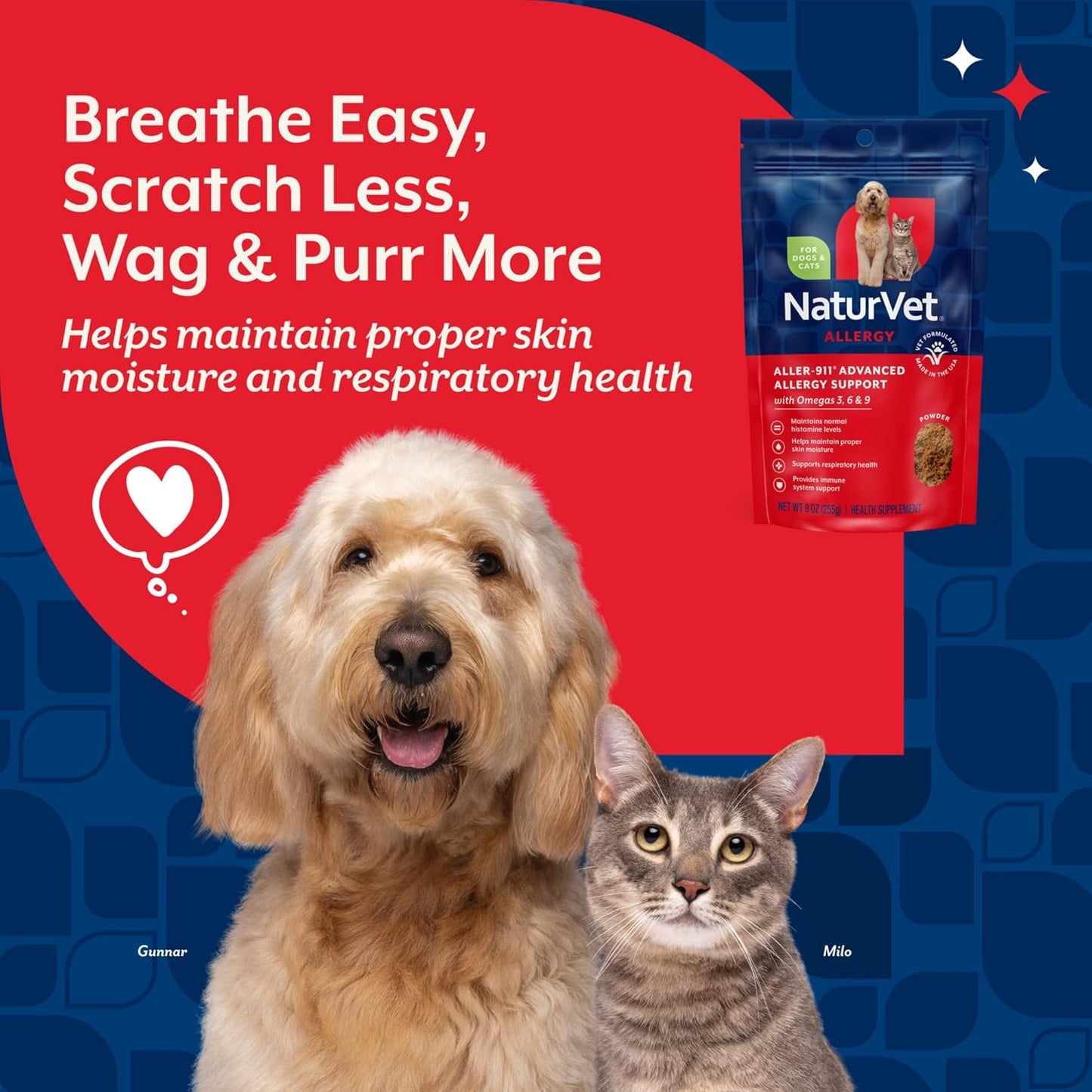 NaturVet ALLER 911 Skin Coat Allergy Aid Powder Omega 3 6 Dog Cat 255g