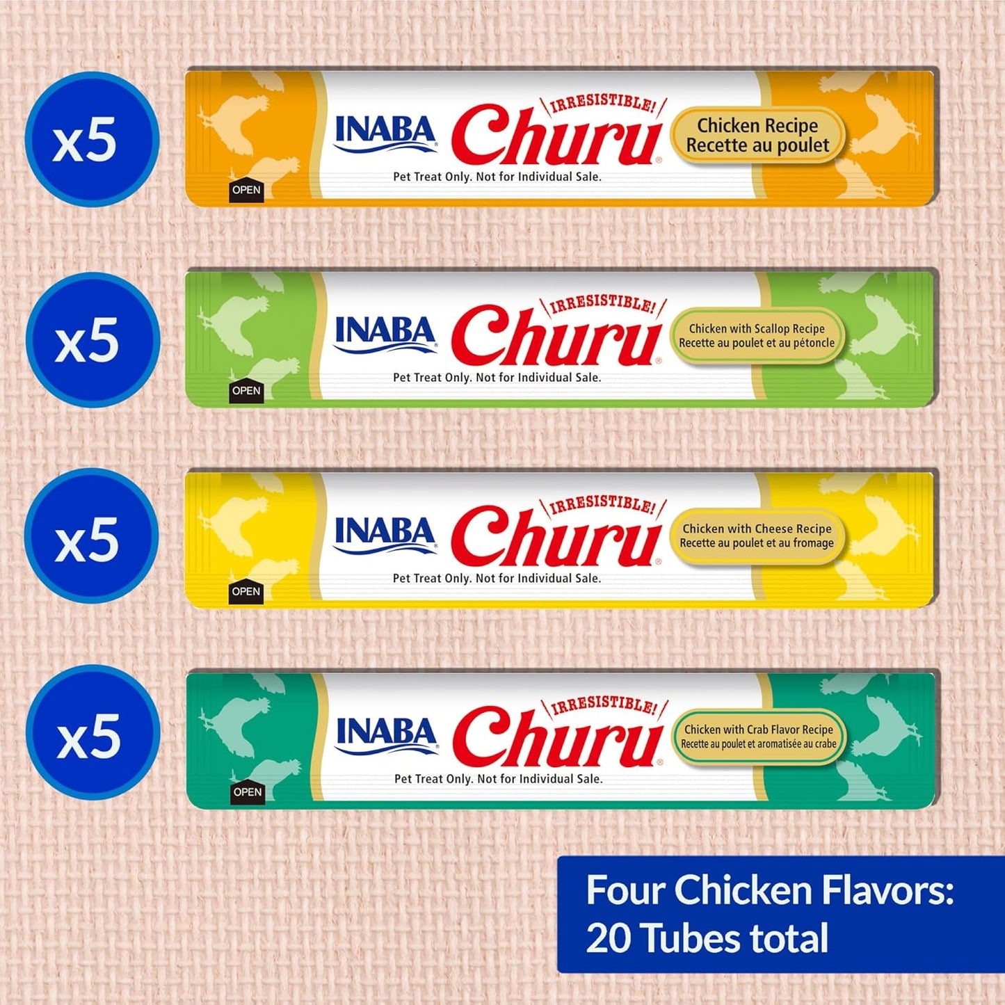 INABA Churu Cat Treats, Lickable, 0.5 Ounces Each Tube, 20 Tubes, Chicken Variety Box