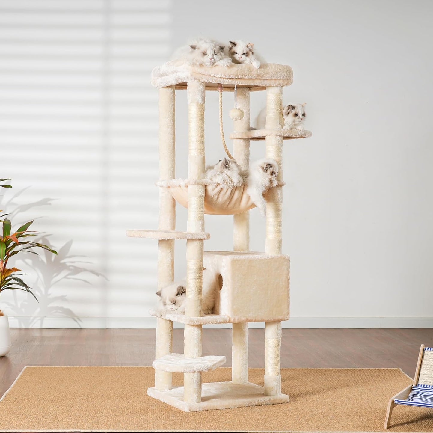 Heybly HCT050M Beige Cat Scratching Post with Blankets for Large Cat Scratching Post Large Platforms Cave 50 x 50 x 153cm