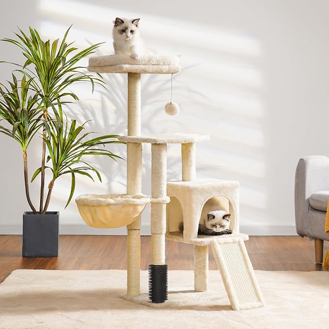 Heybly Cat Tree with Cat Self Groomer Brush, Cat Tower Condo for Indoor Cats with Padded Plush Perch,Beige