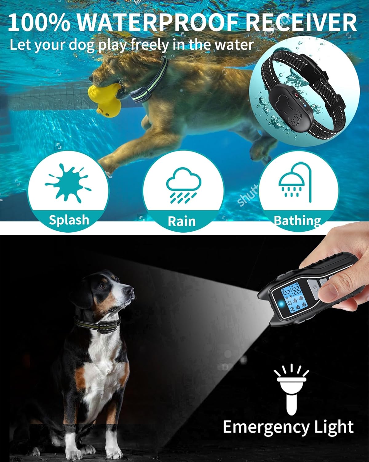 Dog Shock Collar with Remote Control - Rechargeable Dog Training Collar, IPX7 Waterproof E Collar for Dogs with 4 Safe Modes Flashlight Beep Vibration Shock Ideal for All Dog Sizes (8-150lbs)