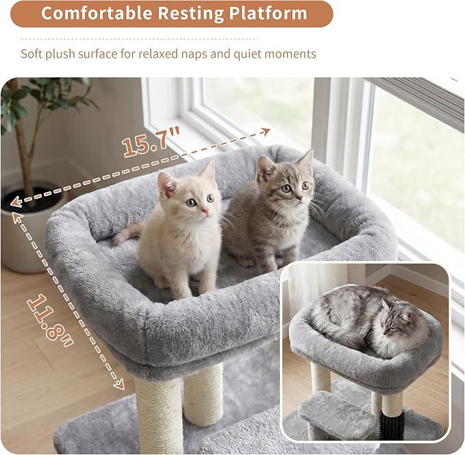 Heybly Cat Scratching Post with Grooming Brush & Gentle Step, HSP001SW | Light Gray