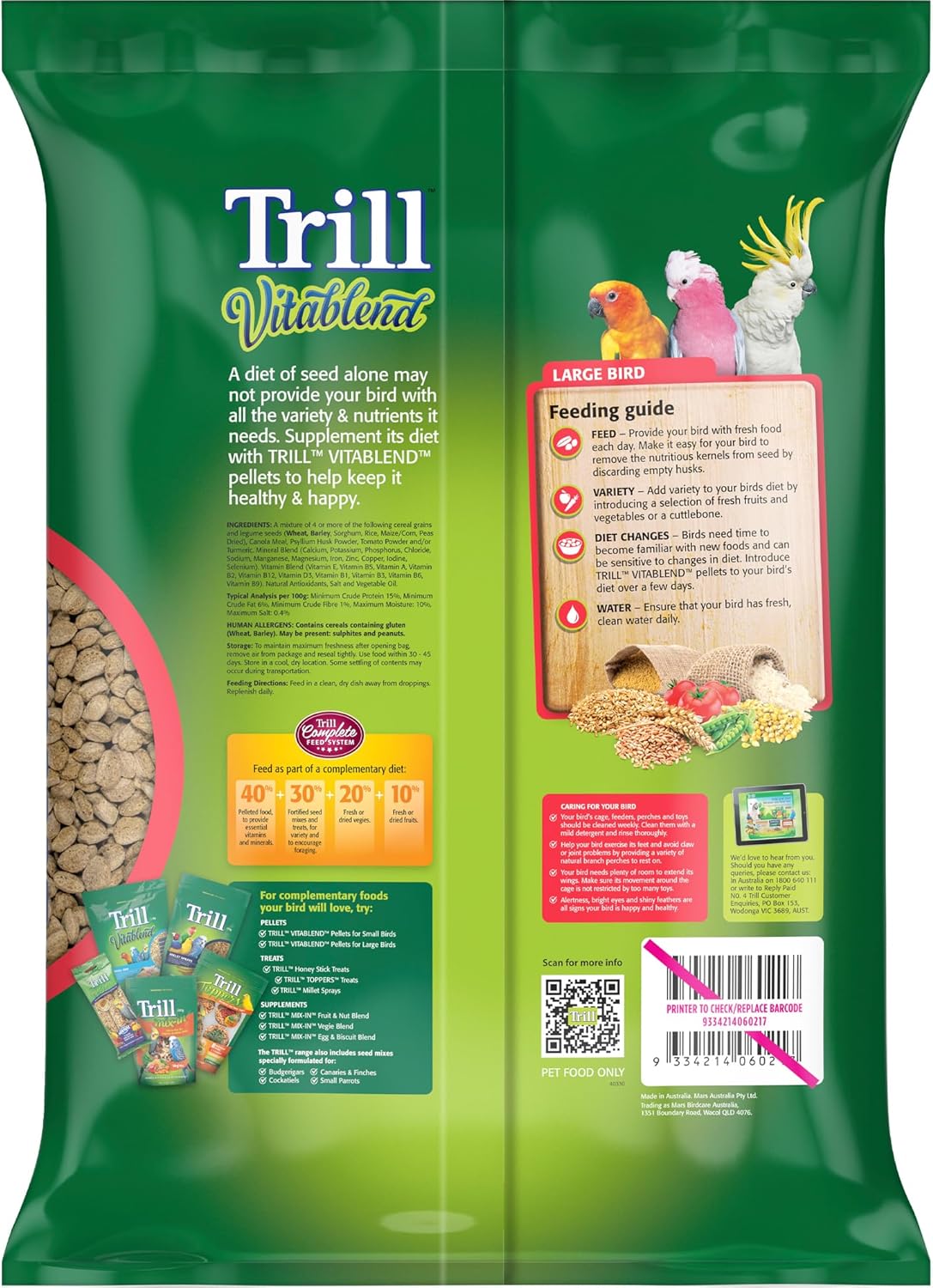 Trill Vitablend Large Bird Food 6kg, Pellets