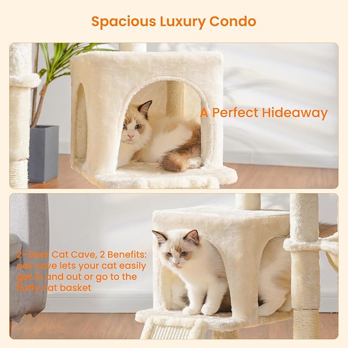 Heybly Cat Tree with Cat Self Groomer Brush, Cat Tower Condo for Indoor Cats with Padded Plush Perch,Beige