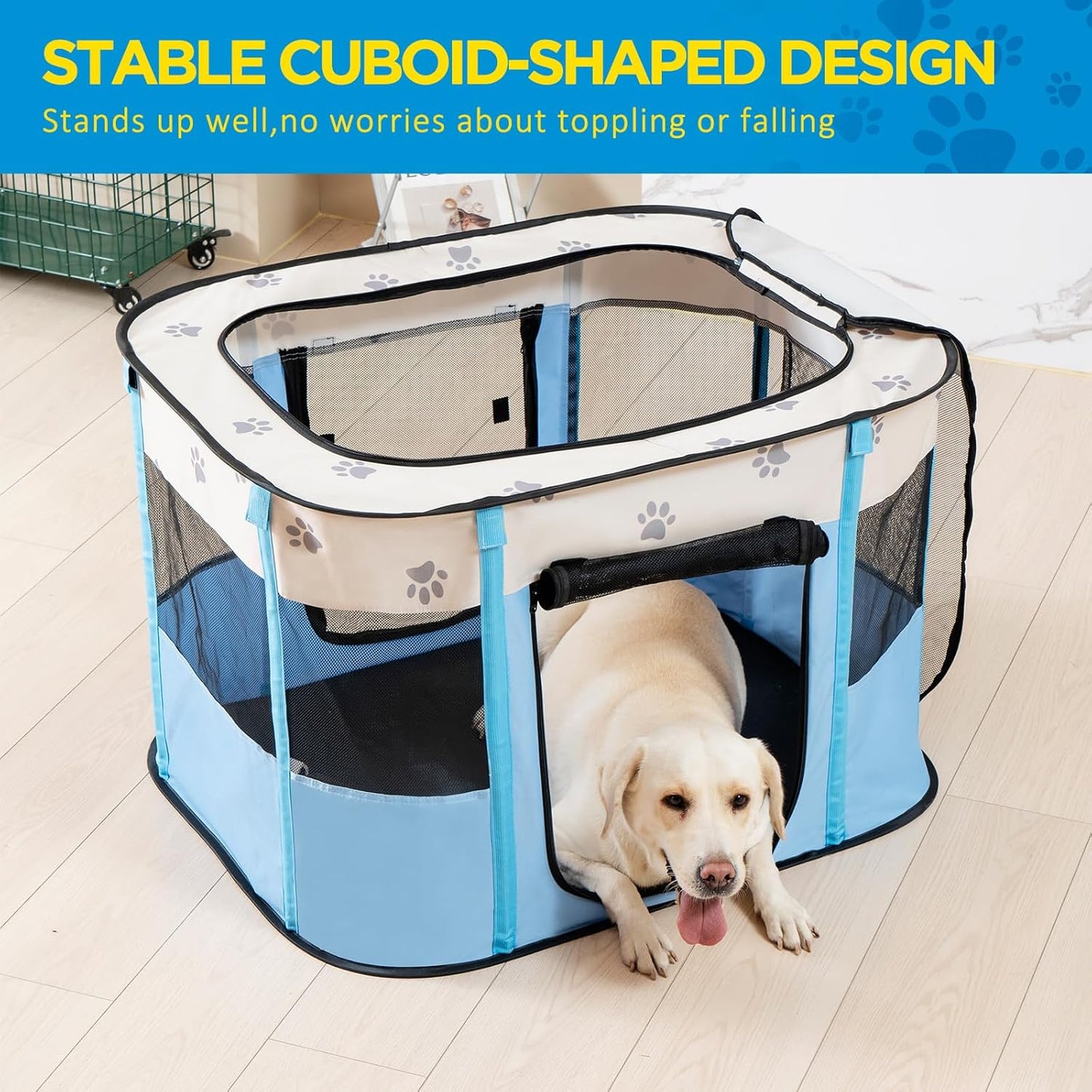Avont Portable Dog Cat Playpen, Foldable Pop Up Pet Play Pen Travel Crate with Floor and Mesh Door Top for Indoor Outdoor Collapsible Tent Cage -S, Blue