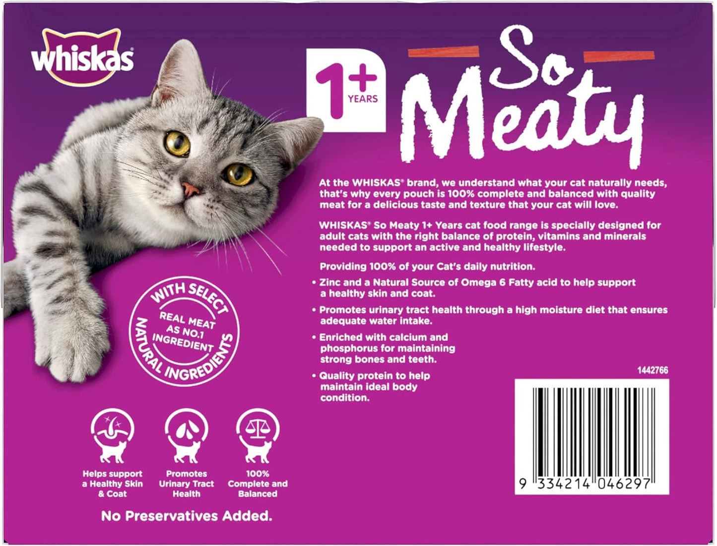 WHISKAS So Meaty Recipes 1+ Years Wet Cat Food with Meat Cuts in Gravy 12 x 85g, 5 Pack (60 Pouches)