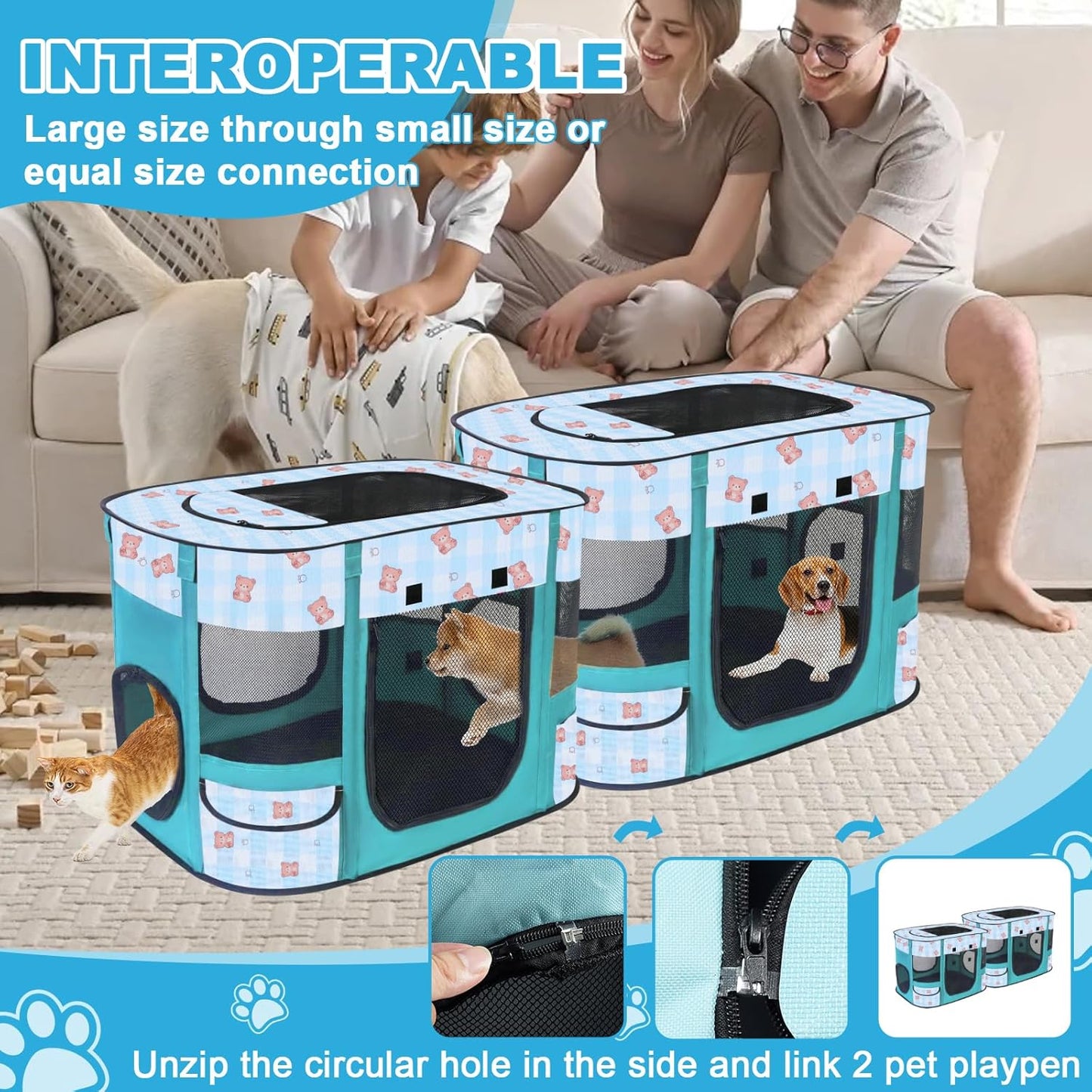 Foldable Dog Playpen Indoor,Expandable Puppy Playpen,(S 27"L x 19"W x 17"H, Blue)
