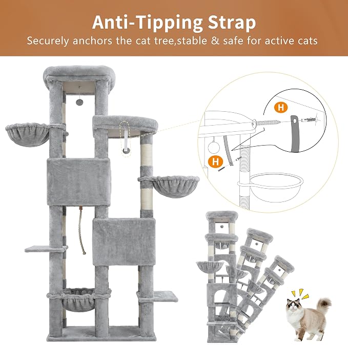 Heybly Cat Tree, 74.8-Inch Spacious & Tall Cat Tower for Large Cats, Cat Furniture with Large Top Perch, Solid Base, 2 Cat Condos, Hanging Hammock, Durable Sisal Scratching Posts, Light Gray