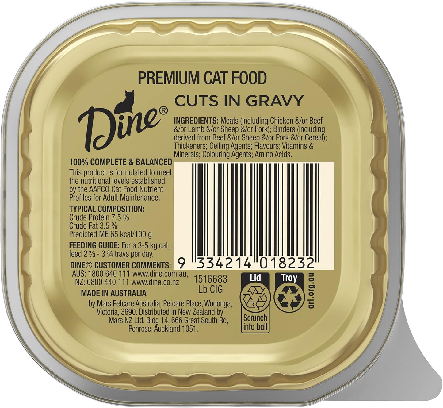 DINE Classic Collection Adult Wet Cat Food Cuts in Gravy With Lamb 85g Tray, 14 Pack