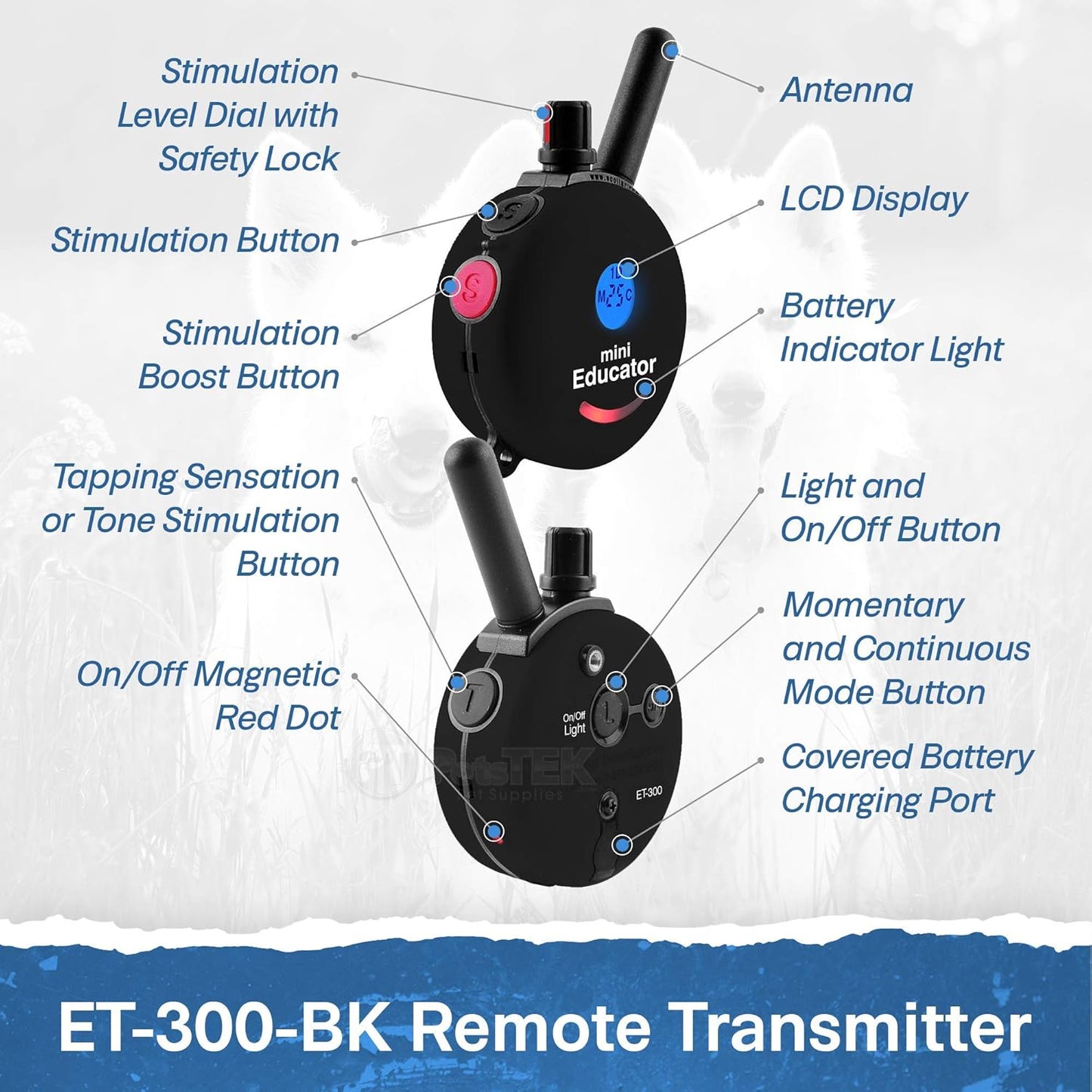Educator ET-300 Black Mini E Collar for Dog Training with Remote - 1/2 Mile Range, Waterproof, 100 Blunt Stimulation Levels